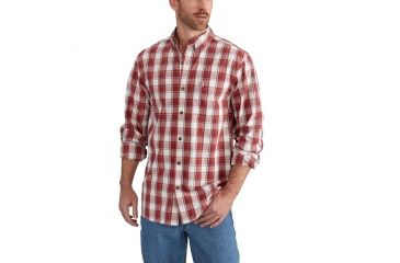 Image of Carhartt Essential Plaid Button Down Long Sleeve Shirt for Mens, Chili, Extra Large/Tall 102817-647-TLL-XL