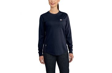 Image of Carhartt Flame-Resistant Womens Force Cotton Long Sleeve Crew T-Shirt, Dark Navy, Extra Small/Regular 102685-410-REG-XS