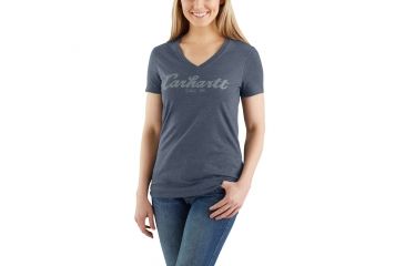 Image of Carhartt Lockhart Graphic Scrpt Logo Short Sleeve V-neck T-shirt - Womens, Dark Indigo Heather, M-REG 103078-462-REG-M