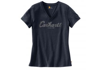 Image of Carhartt Lockhart Graphic Scrpt Logo Short Sleeve V-neck T-shirt - Womens, Dark Indigo Heather, M-REG 103078-462-REG-M