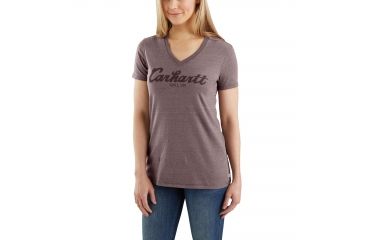 Image of Carhartt Lockhart Graphic Scrpt Logo Short Sleeve V-neck T-shirt - Womens, Sparrow Nep, L-REG 103078-552-REG-L