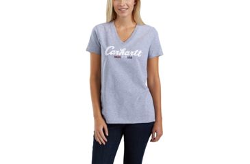 Image of Carhartt Lockhart Graphic Scrpt Logo Short Sleeve V-neck T-shirt - Womens, Heather Gray, REG-L 103079-034-REG-L