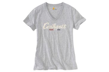 Image of Carhartt Lockhart Graphic Scrpt Logo Short Sleeve V-neck T-shirt - Womens, Heather Gray, REG-L 103079-034-REG-L