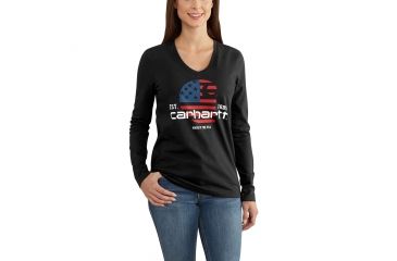 Image of Carhartt Lubbock Grphc Fld Flag Long Sleeve V T-Shirt for Womens, Black, Extra Small/Regular 102768-001-REG-XS