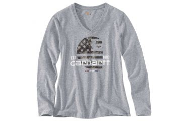 Image of Carhartt Lubbock Grphc Fld Flag Long Sleeve V T-Shirt for Womens, Heather Gray, Small/Regular 102768-034-REG-S