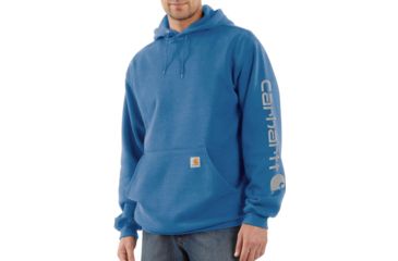 Image of Carhartt Midweight Signature Sleeve Logo Hooded Sweatshirt - Mens, French Blue, Large, K288-FHB-REG-LRG