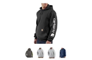 Image of Carhartt MW Signature Sleeve Logo Hooded Swtsh - Men's, Black, Carbon Heather, Heather Gray, Heather Grey, New Navy