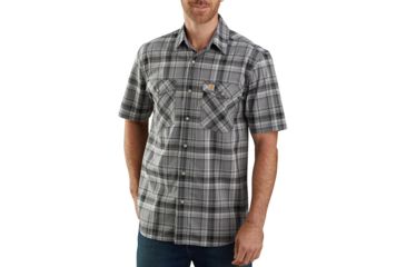 Image of Carhartt Rugged Flex Lightweight Short-Sleeve Snap-Front Plaid Shirt - Mens, Black, Small, 104171-BLK-REG-S