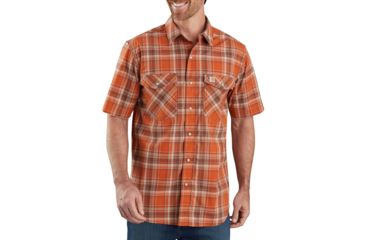 Image of Carhartt Rugged Flex Lightweight Short-Sleeve Snap-Front Plaid Shirt - Mens, Harvest Orange, Large, 104171-HVO-REG-L