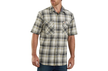 Image of Carhartt Rugged Flex Lightweight Short-Sleeve Snap-Front Plaid Shirt - Mens, Olive, Large, 104171-OLV-REG-L