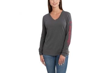 Image of Carhartt Welton Grphc Sleeve Lgo Long Sleeve V T-Shirt for Womens, Shadow, Extra Small/Regular 102765-029-REG-XS