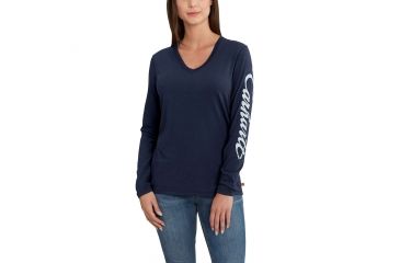 Image of Carhartt Welton Grphc Sleeve Lgo Long Sleeve V T-Shirt for Womens, Navy, Extra Small/Regular 102765-412-REG-XS