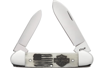 Image of Case Harley Davidson Canoe Folding Knife, Mirror finish stainless spear and pen blades, Natural smooth bone handle, 52217