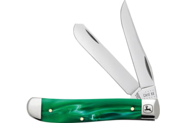 Image of Case John Deere Mini Trapper Kirin Folding Knife, Mirror finish stainless clip and spey blades, Green smooth Kirinite handle, 15773