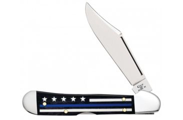 Image of Case Stripes of Service - Embellished Mini CopperLock Folding Knive, Surgical Steel Locking Clip Blade, Smooth Natural Bone Multi Handle, Blue Line, 3.625in Closed, 06569