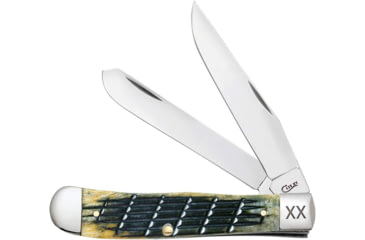 Image of Case Trapper Folding Knife, Mirror SS Clip/ Spey Blades, Olive Green Fence Row Jigged Bone Handle, Nickel Silver Bolster, 16020