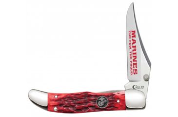 Image of Case USMC - Peach Seed Jig Kickstart Mid-Folding Hunter Knive w/ Belt Clip, Surgical Steel Blade, Dark Red Bone Handle, 4in Closed, 13187