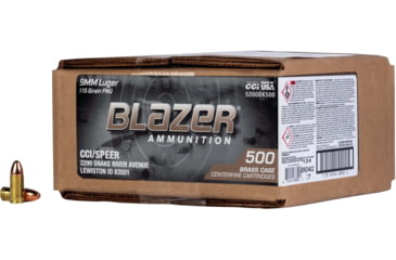 Image of CCI Ammunition Blazer 9mm 115 Grain Full Metal Jacket Brass Cased Pistol Ammo, 500 Rounds, 5200BK500