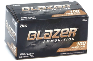 Image of CCI Ammunition Blazer, 9mm Luger, 115 Grain, FMJ, Brass Case, Centerfire Pistol Ammo, 100 Rounds, 51991BB