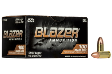 Image of CCI Ammunition Blazer 9mm Luger 115 Gain Full Metal Jacket Brass Cased Pistol Ammunition, 100 Rounds, 52001BB