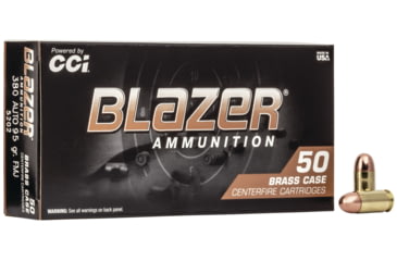 Image of CCI Ammunition Blazer, .380 ACP, 95 Grain, FMJ, Brass Case, Brass Centerfire Pistol Ammo, 50 Rounds, 5202