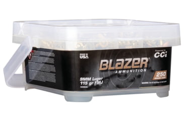 Image of CCI Ammunition Blazer Brass 9mm Luger 115 grain Full Metal Jacket Round Nose Centerfire Pistol Ammo, 250 Rounds, 5200B250