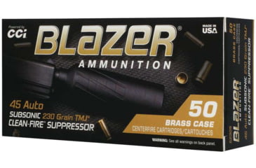 Image of CCI Ammunition Blazer Clean-Fire Suppressor .45 ACP 230 Grain Total Metal Jacket Brass Cased Pistol Ammo, 50 Rounds, 5230S