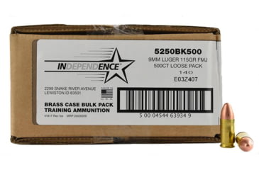 Image of CCI Ammunition Independence Brass Handgun Ammo 9mm Luger 115 gr FMJ 1145 fps 500/ct, 5250BK500