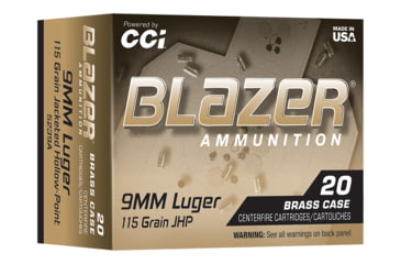 Image of CCI Ammunition Blazer 9mm Luger 115 Grain Jacketed Hollow Point Brass Cased Pistol Ammo, 20 Rounds, 5239A