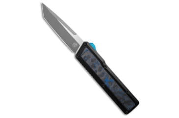 Image of Chaves Knives Chaves Dissident OTF Tanto Knife Battleworn Black Al/Electric Blue CF 3.8" SW, Black/Blue, Bohler M390, adult, BHQ-235800