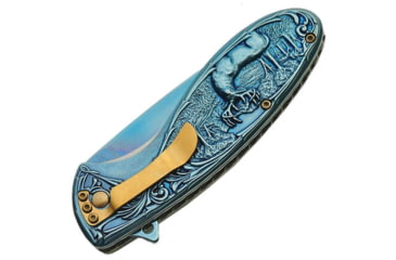 Image of China Made Deer Linerlock A/O Folding Knife, 4.5in Closed, 3.25in Blue Titanium Coated SS Drop Point, Blue Titanium Finish SS, Blue, 300428-BL