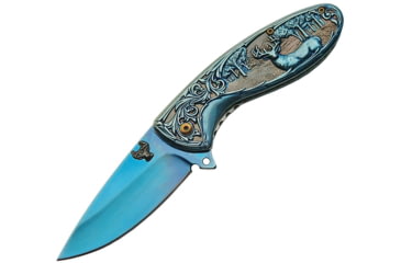 Image of China Made Deer Linerlock A/O Folding Knife, 4.5in Closed, 3.25in Blue Titanium Coated SS Drop Point, Blue Titanium Finish SS, Blue, 300428-BL
