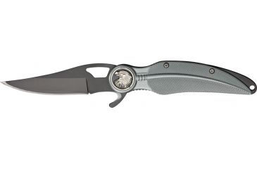 Image of China Made Eagle Feather Linerlock Knife, Eagle head bolster, Gray Aluminum CN300232GY