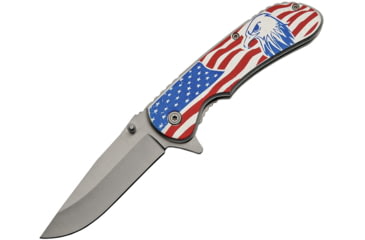 Image of China Made Eagle/Flag Linerlock A/O Folding Knife, 4.5in Closed, 3.5in Satin SS Drop Point, Silver Aluminum, Silver, 300443