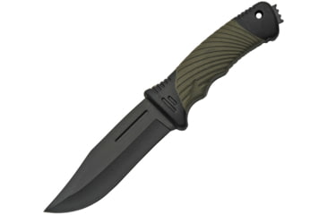 Image of China Made Fixed Blade Plastic Handle Knife, 4.25 black finish stainless blade, Black plastic handle with green rubber onlay, 211493-PL