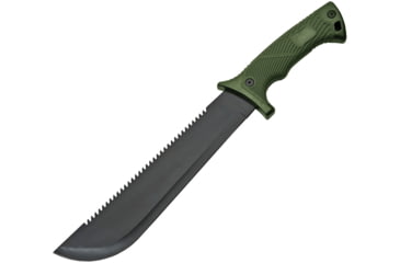 Image of China Made Hunter Field Machete Knife, 10 black finish sawback stainless blade, Green rubber handle, 211503