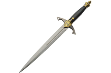 Image of China Made Knights Dagger, 12.75in Overall, 7.75in Satin Unsharpened SS Blade, Black/Gold Synthetic Handle, Metal Alloy Guard And Pommel, Black Synthetic Scabbard, 211445-GD