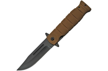 Image of China Made Linerlock A/O Brown Folding Knife, 3.75 black finish stainless clip point blade, Brown rubber handle, 300480-BR