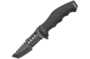 Image of China Made Linerlock A/O Folding Knife, 4.75in Closed, 3.75in Black Stonewash Partially Serrated SS Tanto, Black Rubberized ABS, Black, 300478