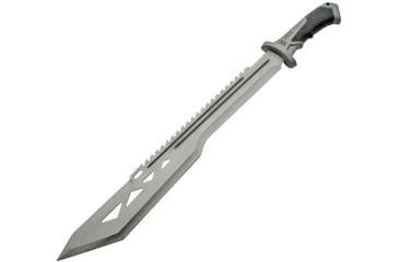 Image of China Made Macho Machete Satin Fixed Blade Knife, 25in Overall, 19.25in Satin Sawback SS Blade, Black/Gray Rubberized Synthetic Handle, Black Nylon Belt Sheath, Black /Gray, 926936-SL