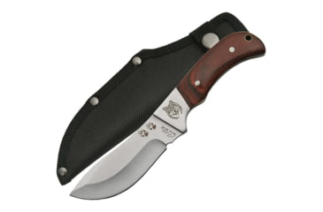 Image of China Made Outdoorsman Wolf Skinner Fixed Blade Knife, Outdoorsman Skinner, 8in Overall, 3.75in Satin SS Skinner Blade, Brown Wood Handle, SS Bolster, Wolf Artwork, Black Nylon, Brown, 211389-WF