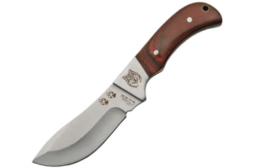 Image of China Made Outdoorsman Wolf Skinner Fixed Blade Knife, Outdoorsman Skinner, 8in Overall, 3.75in Satin SS Skinner Blade, Brown Wood Handle, SS Bolster, Wolf Artwork, Black Nylon, Brown, 211389-WF