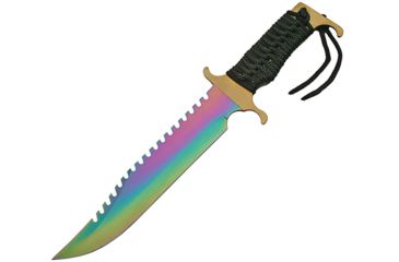 Image of China Made Rainbow Ridge Bowie Fixed Blade Knife, 9.75in, Stainless Steel, Standard Edge, Sawback, Black, Cord Wrapped Handle CN211228RB