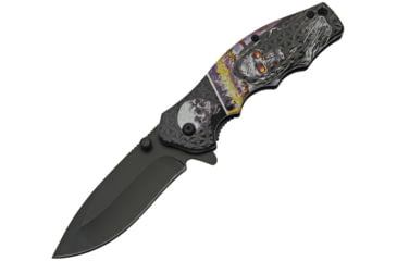 Image of China Made Skull Linerlock A/O Folding Knife, 3.25 black finish stainless blade, Night watch skull handle artwork, Black plastic ha, 300502-NW