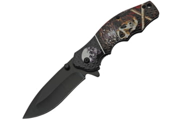 Image of China Made Skull Linerlock A/O Folding Knife, 3.25 black finish stainless blade, Pirate skull handle artwork, Black plastic handle, 300502-PR