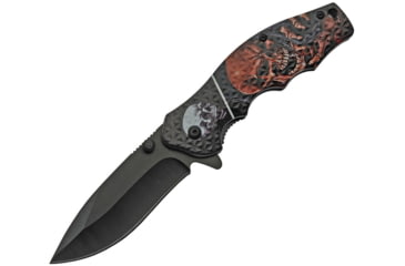 Image of China Made Skull Linerlock A/O Folding Knife, 3.25 black finish stainless blade, Screamer skull handle artwork, Black plastic handl, 300502-SS