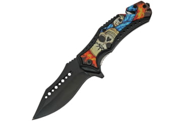 Image of China Made Sugar Skull Linerlock A/O Folding Knife, 3.75 black finish stainless blade, Black ABS handle, 300499