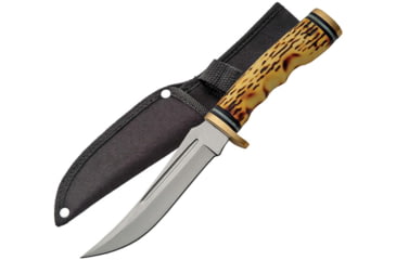 Image of China Made Upswept Hunter w/Finger Grooved Imitation Stag Handle, Fixed Blade Knife, 9.25in Overall, 5in Mirror SS, Finger Grooved Imitation Stag Handle, Brass Guard And Pommel, Black Nylon, 210914