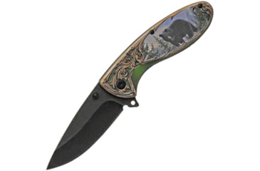 Image of China Made Wildlife Linerlock Bear Folding Knife, 3 black stonewash finish stainless blade, ABS handle, 300508-BE