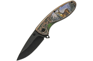 Image of China Made Wildlife Linerlock Deer Folding Knife, 3 black stonewash finish stainless blade, ABS handle, 300508-DE